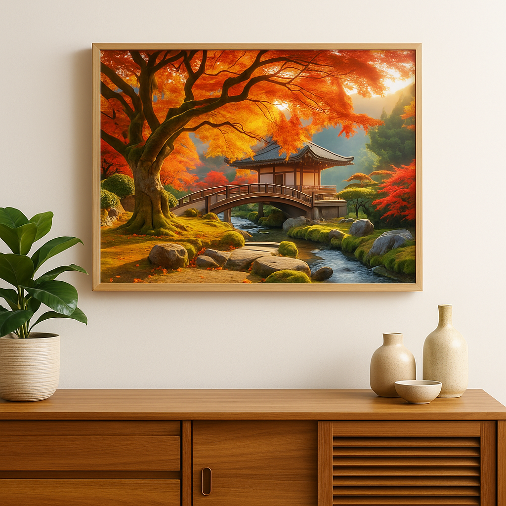 Zen Japanese Garden with Red Maple Tree